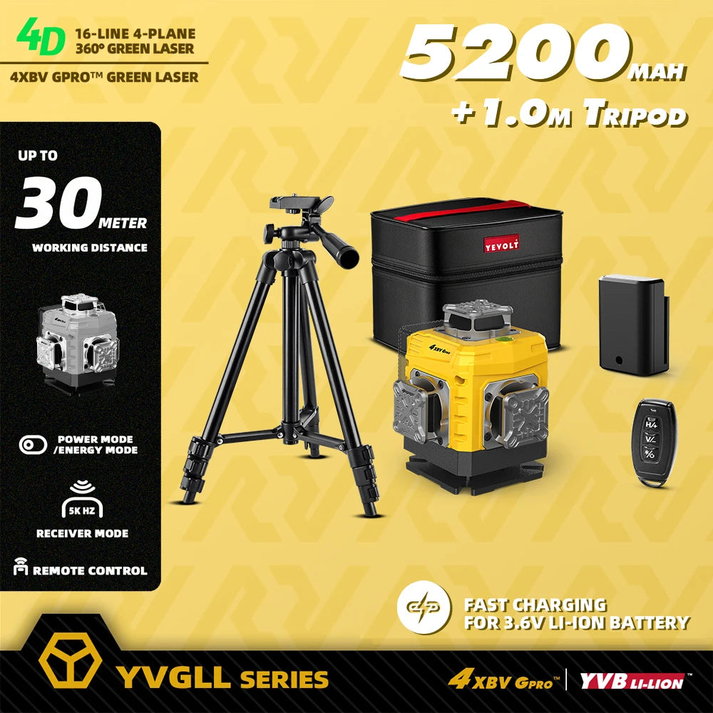 YEVOLT 16-Line Laser Level YVGLL4XS16G-515nm Green Beam 30m Visible Energy Saver 360° Coverage 4s Fast Self-Leveling