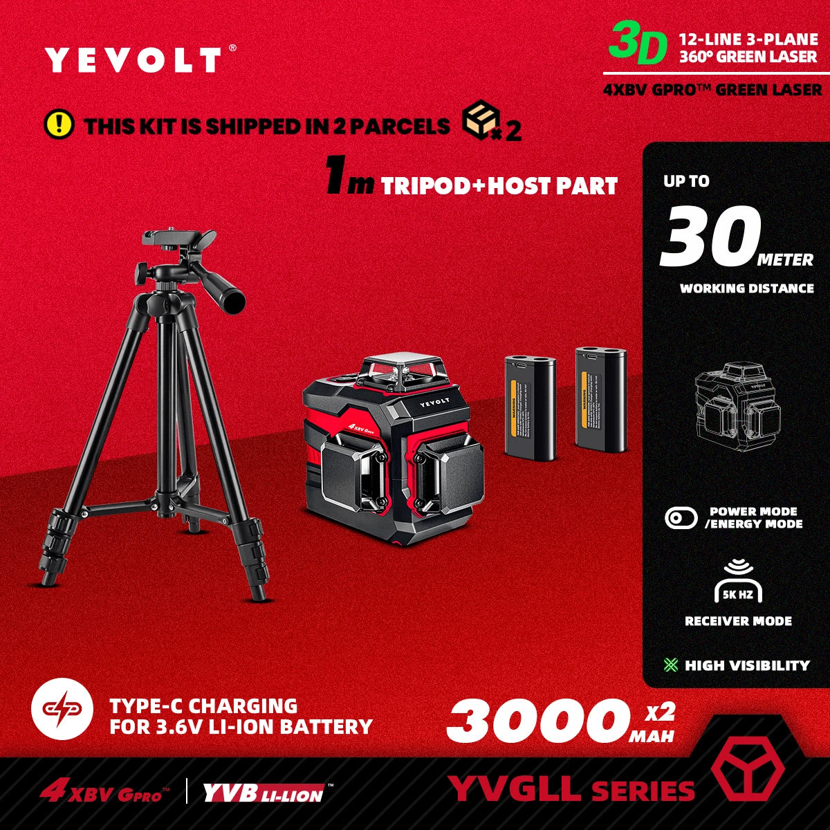 Laser Level YVGLL4XS12 12-Line Green Beam with Pulse Mode Long Range Auto-Leveling Lock Slope Switch for DIY Home Improvement