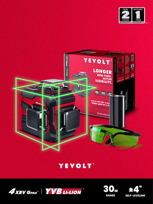 Nivel láser verde YEVOLT YVGLL4XS12PRO de 3 planos y 12 líneas, autonivelante, 3D, horizontal y vertical, 3,6 V, 5,2 Ah, herramientas de medición eléctricas