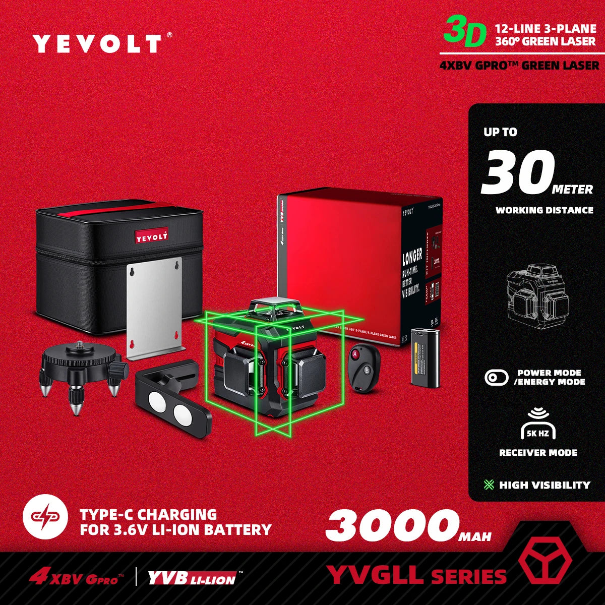 YEVOLT Green Laser Level 3/4-Plane 12/16-Line Self-leveling 360 3D/4D Power Measuring Tool Horizontal & Vertical YVGLL4XS-Series
