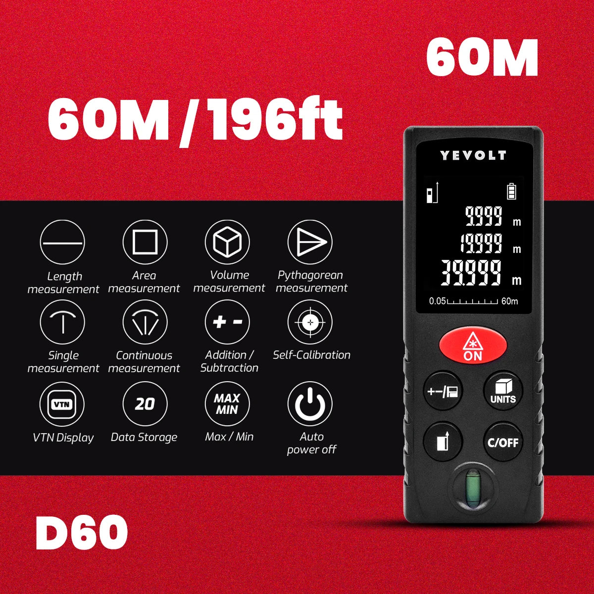 Medidor de distância a laser da série D da YEVOLT, 40/60/80/100 m, fita métrica digital com retroiluminação de área/volume/pitagórica