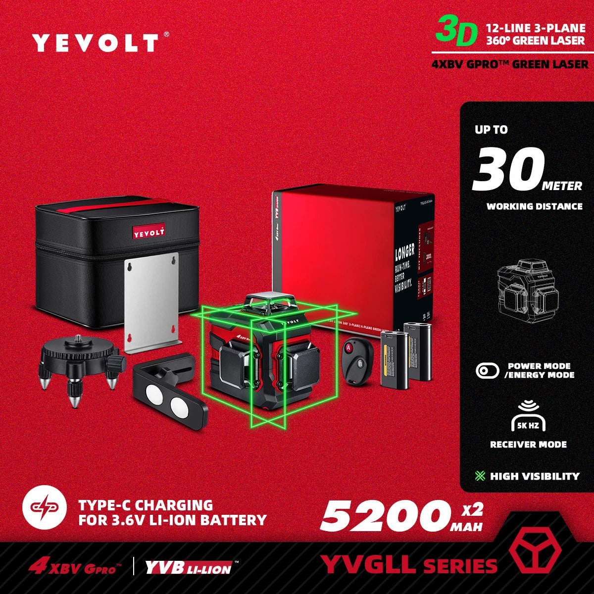 YEVOLT Green Laser Level 3/4-Plane 12/16-Line Self-leveling 360 3D/4D Power Measuring Tool Horizontal & Vertical YVGLL4XS-Series