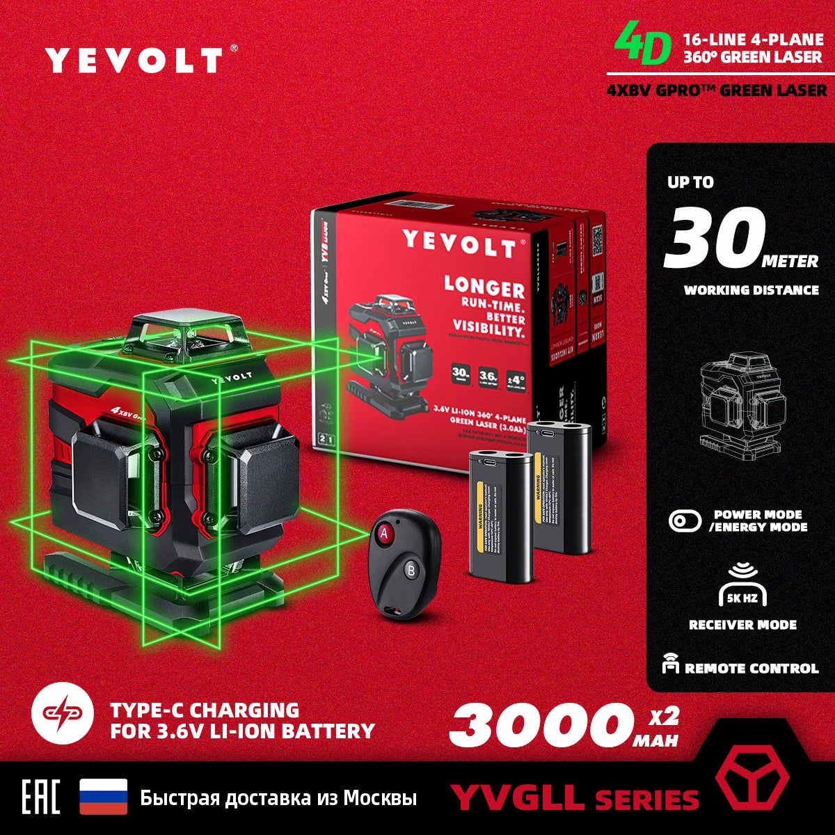 YEVOLT Laser Level 3/4-Plane Green 12/16-Line YVGLL4XS-Series Self-leveling 360 3D/4D Measuring Tool-1.5M Aluminium Tripod