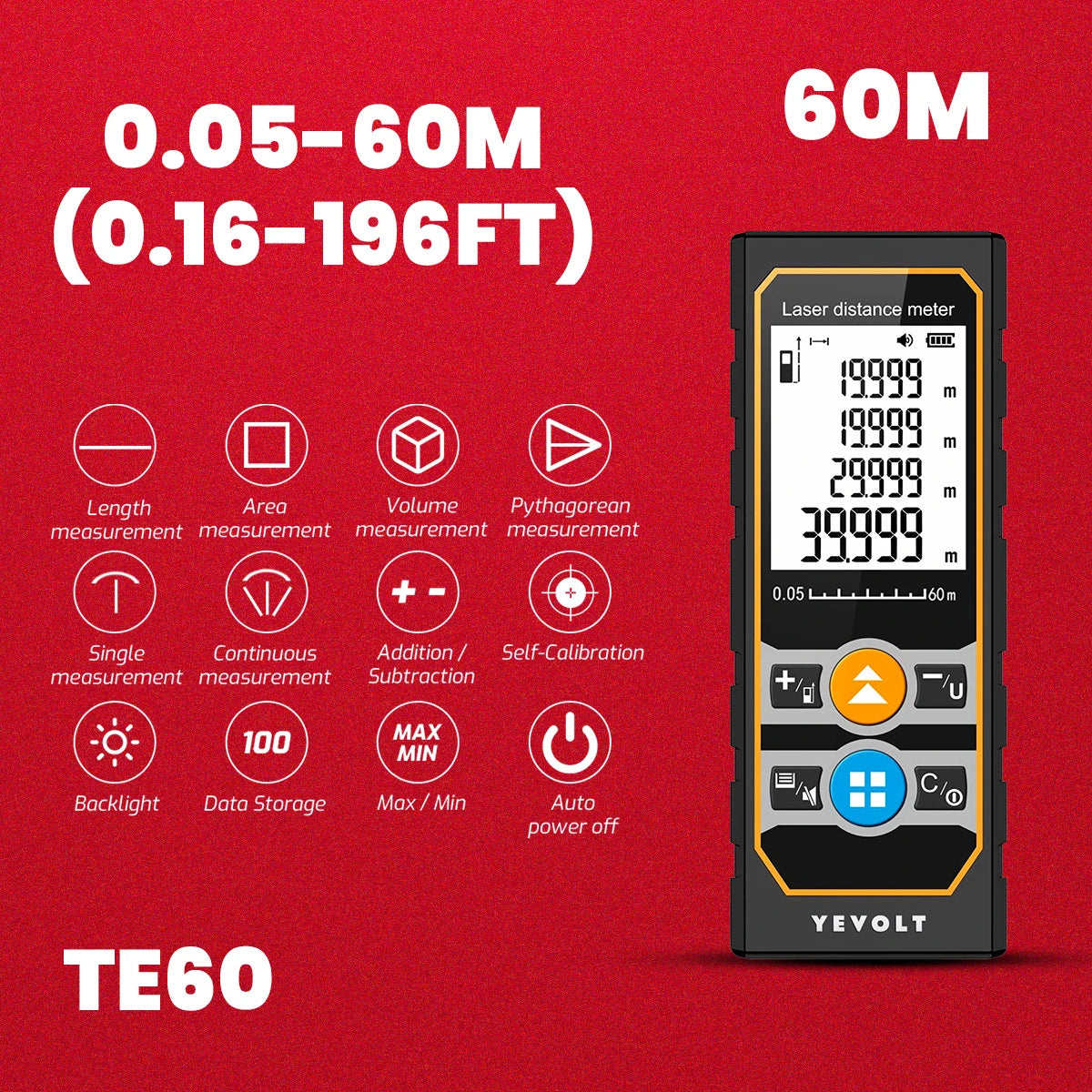 YEVOLT TE Series Laser Distance Meter 40/60/80/100M Rangefinder Digital Tape Measure Tools With Backlit Area/Volume/Pythagorean