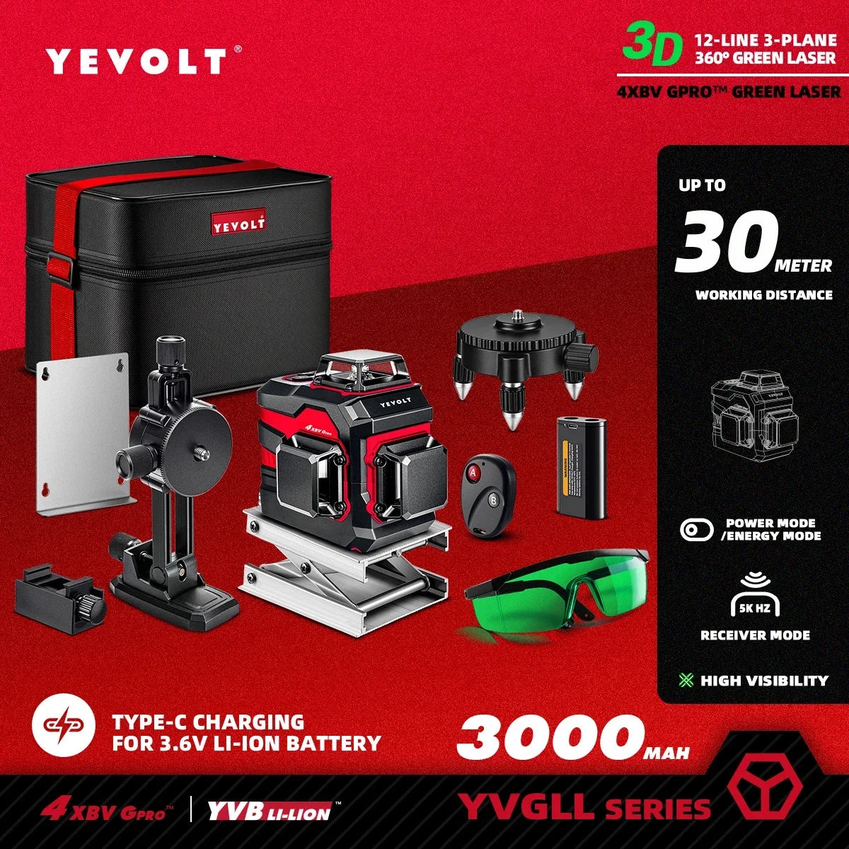 YEVOLT YVGLL4XS12 Nivel láser inteligente de 12 líneas cruzadas, autonivelante, compacto, de doble potencia, alta precisión, alcance de trabajo de 30 m