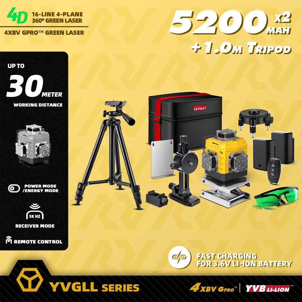 YEVOLT 16-Line Laser Level YVGLL4XS16G-515nm Green Beam 30m Visible Energy Saver 360° Coverage 4s Fast Self-Leveling