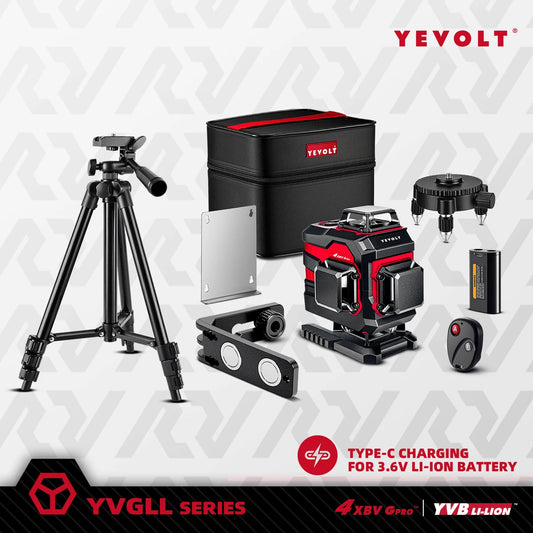 Nivel láser verde YEVOLT serie TL-YVGLL4XS, 3/4 planos, 12/16 líneas, autonivelante, 360°, 3D/4D, herramienta de medición eléctrica, trípode de 1 m