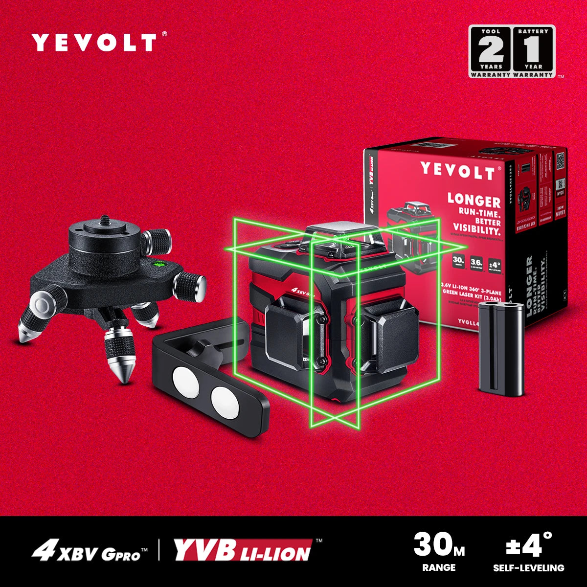 Nível a laser de 12 linhas cruzadas YEVOLT YVGLL4XS12, balança inteligente, autonivelante, compacto, de dupla potência, alta precisão, alcance de trabalho de 30 m