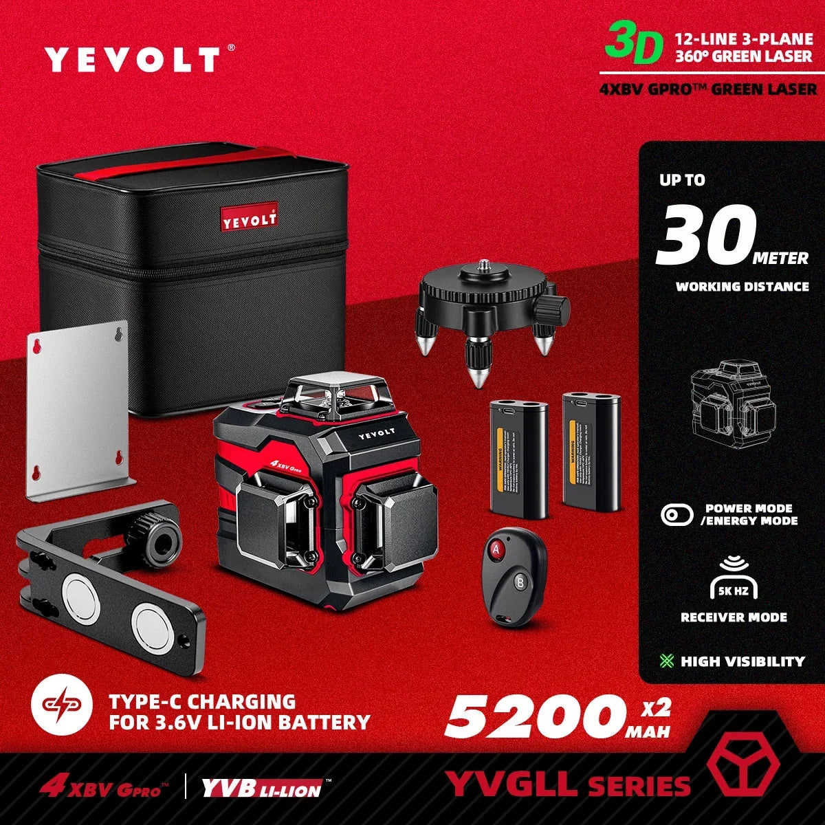 YEVOLT YVGLL4XS12 Nivel láser de líneas cruzadas de 12 líneas, inteligente, autonivelante, compacto, de doble potencia, alta precisión, alcance de trabajo de 30 m