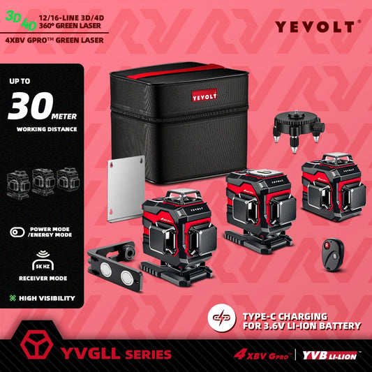 Ferramenta de nivelamento automático YEVOLT Select 12/16 Line, luz verde, alta visibilidade com função de bloqueio de inclinação para construção e projetos DIY