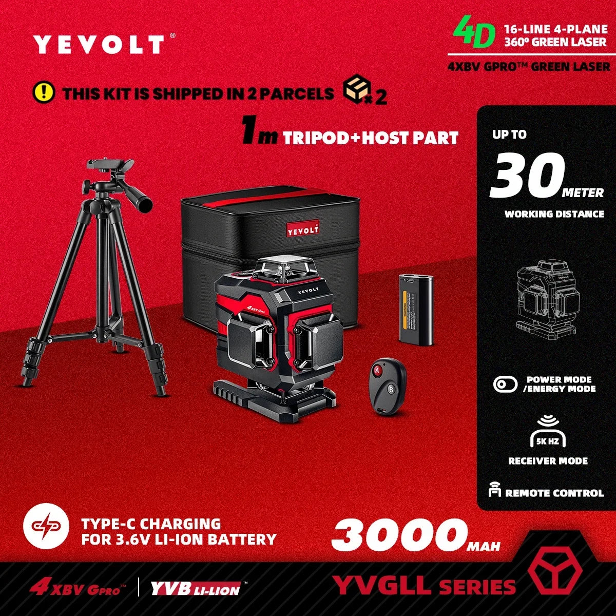 YEVOLT 16-Line Industrial Laser Level YVGLL4XS16 Dual Mode Shockproof Rubber Housing Outdoor Daylight Use Portable for Travel