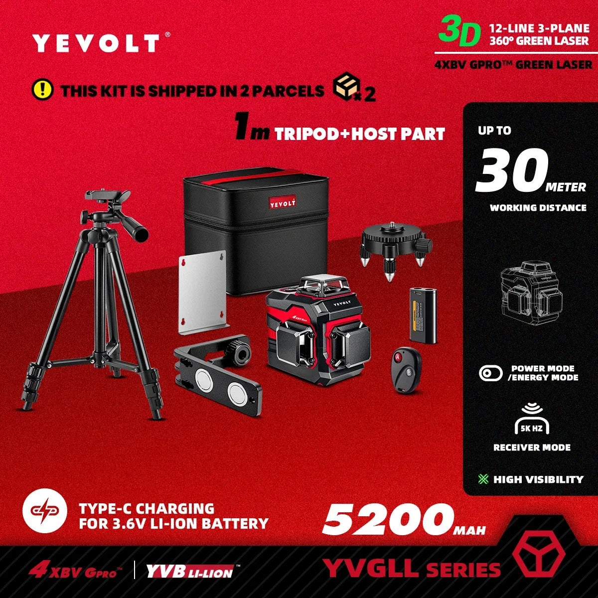 YEVOLT YVGLL4XS12 Nivel láser de líneas cruzadas de 12 líneas, inteligente, autonivelante, compacto, de doble potencia, alta precisión, alcance de trabajo de 30 m