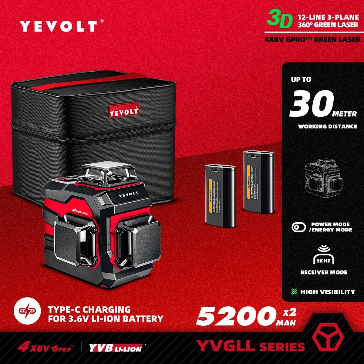 YEVOLT YVGLL4XS12 Nivel láser inteligente de 12 líneas cruzadas, autonivelante, compacto, de doble potencia, alta precisión, alcance de trabajo de 30 m