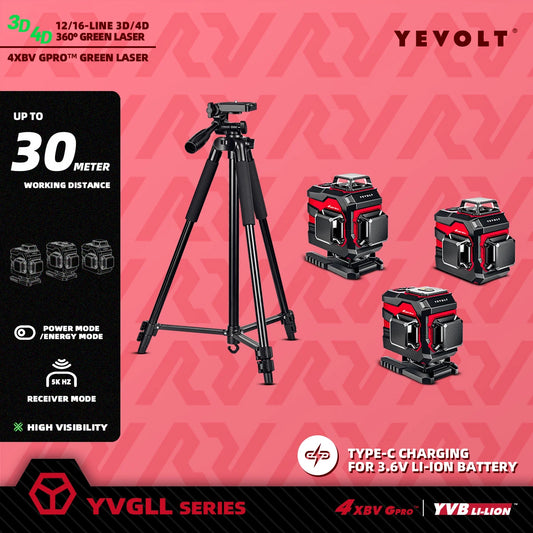 YEVOLT YVGLL-S - Trípode de altura ajustable de 1,5 m con cabezal multiángulo, nivel láser verde de 12/16 líneas para proyección en techo y pared