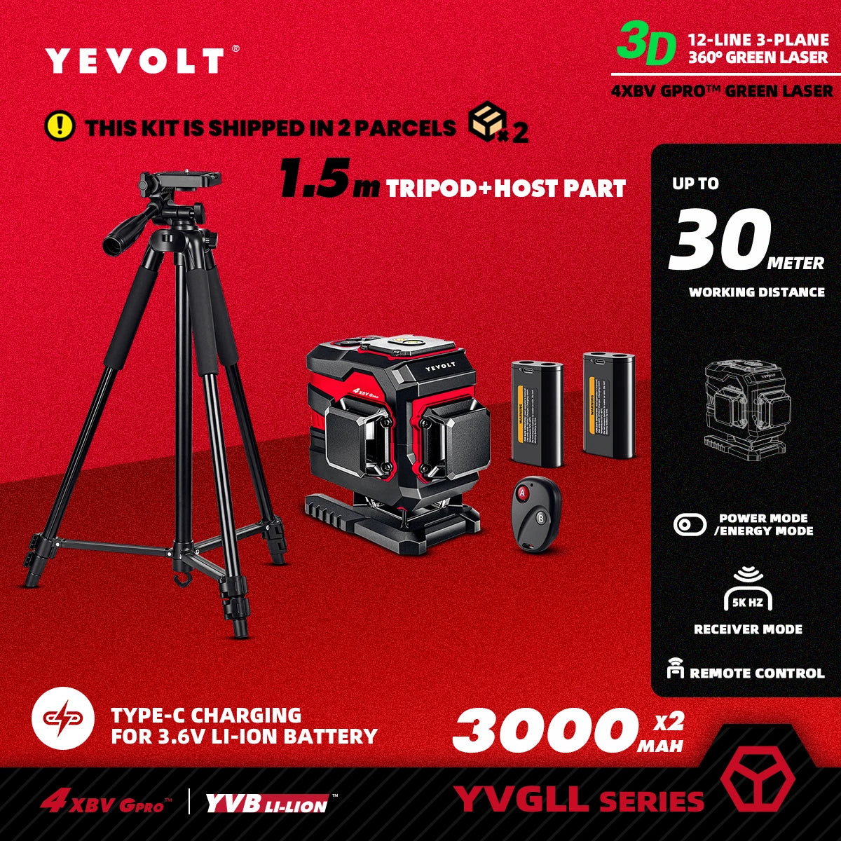 Nivel láser verde YEVOLT serie YVGLL4XS, 3/4 planos, 12/16 líneas, autonivelante, 360°, 3D/4D, horizontal y vertical, 3,6 V, 3 Ah