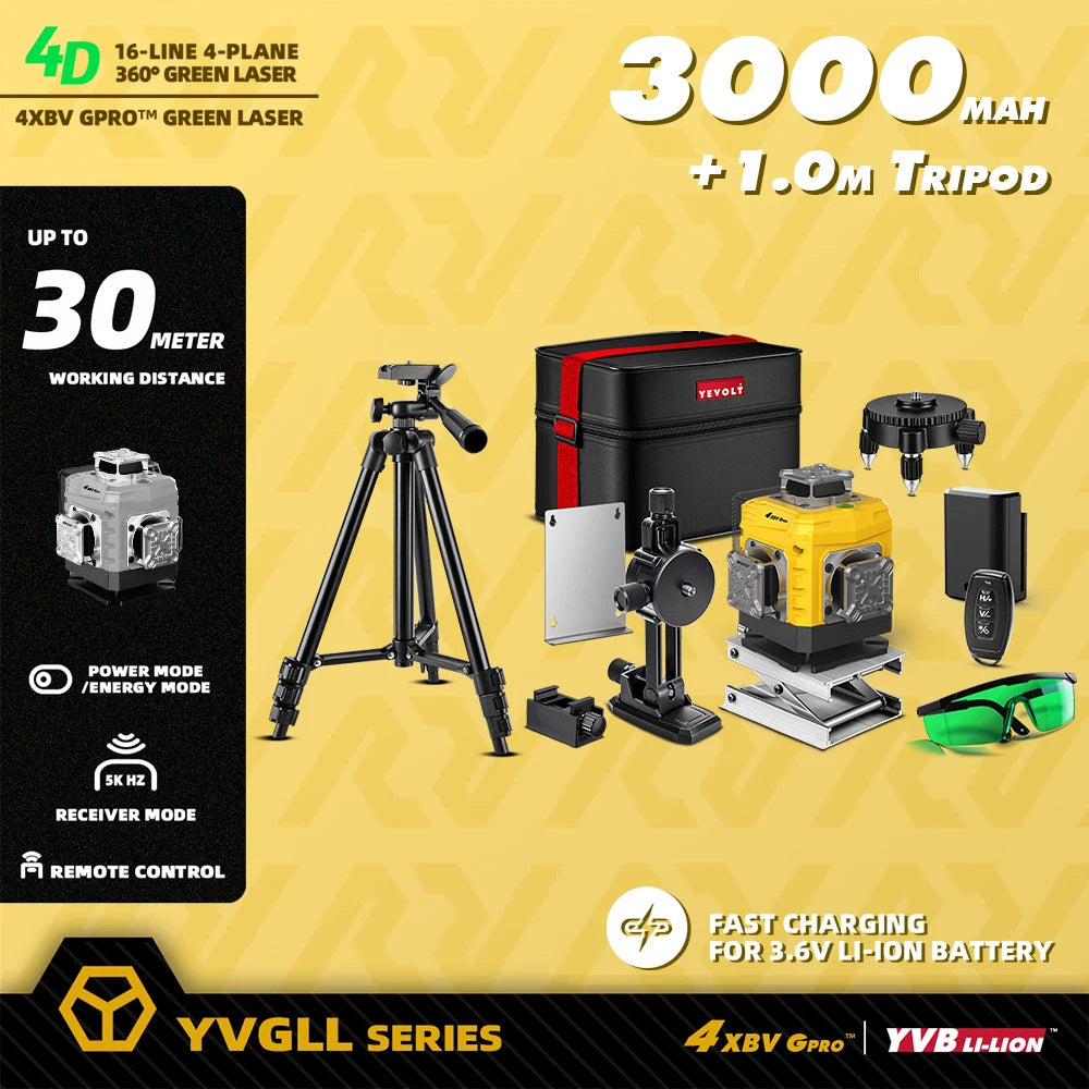 YEVOLT 16-Line Laser Level YVGLL4XS16G-515nm Green Beam 30m Visible Energy Saver 360° Coverage 4s Fast Self-Leveling