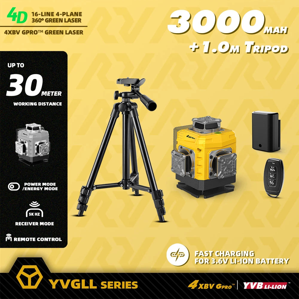 YEVOLT 16-Line Laser Level YVGLL4XS16G-515nm Green Beam 30m Visible Energy Saver 360° Coverage 4s Fast Self-Leveling