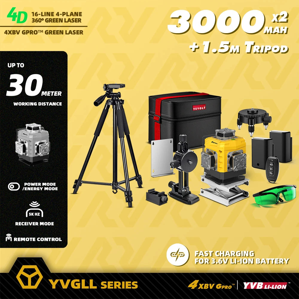 YEVOLT 16-Line Laser Level YVGLL4XS16G-515nm Green Beam 30m Visible Energy Saver 360° Coverage 4s Fast Self-Leveling