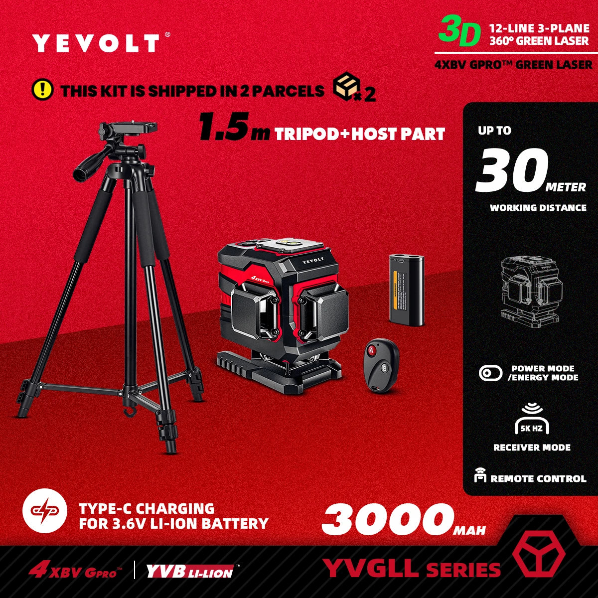 Nivel láser verde YEVOLT serie YVGLL4XS, 3/4 planos, 12/16 líneas, autonivelante, 360°, 3D/4D, horizontal y vertical, 3,6 V, 3 Ah