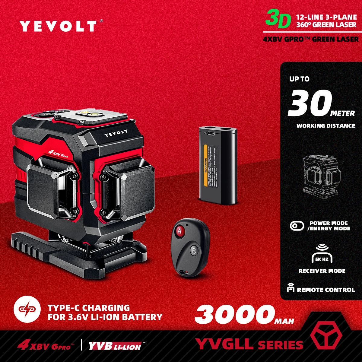 Nivel láser verde YEVOLT serie YVGLL4XS, 3/4 planos, 12/16 líneas, autonivelante, 360°, 3D/4D, horizontal y vertical, 3,6 V, 3 Ah
