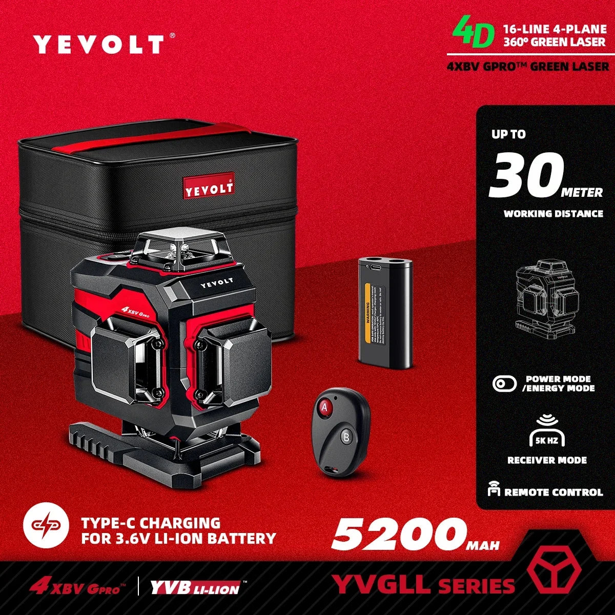 YEVOLT 16-Line Industrial Laser Level YVGLL4XS16 Dual Mode Shockproof Rubber Housing Outdoor Daylight Use Portable for Travel