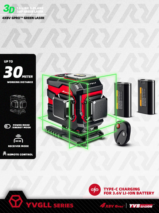 Nivel láser de tierra verde YEVOLT YVGLL4XS12T de 12 líneas, autonivelante 3D, 3 Ah/5,2 Ah, iones de litio, 360°, herramientas de medición horizontal y vertical