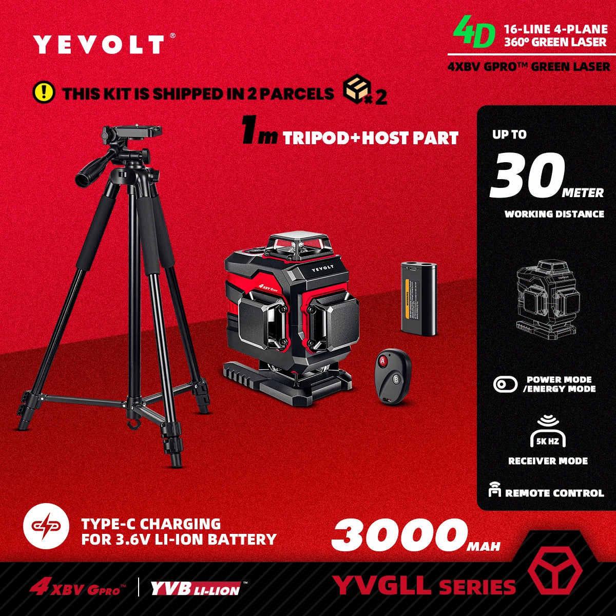 Nivel láser verde YEVOLT serie YVGLL4XS, 3/4 planos, 12/16 líneas, autonivelante, 360°, 3D/4D, horizontal y vertical, 3,6 V, 3 Ah