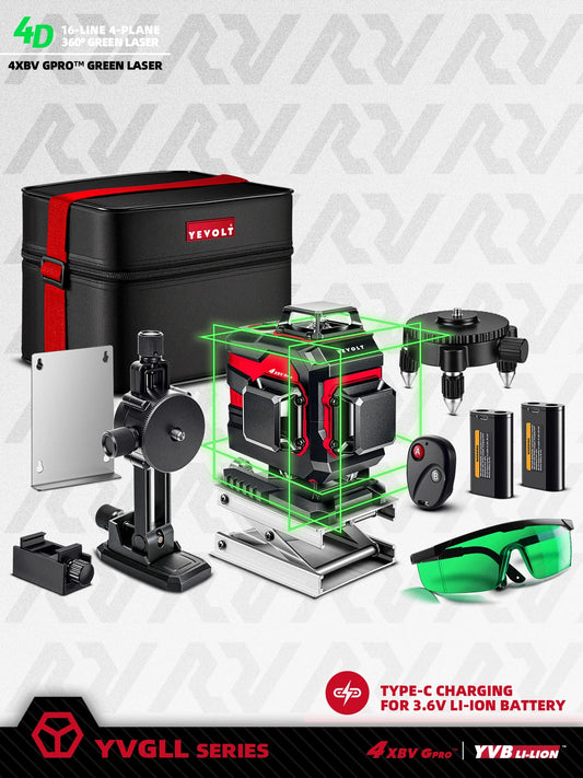 YEVOLT YVGLL4XS16B2 Kit de nivel láser de haz verde de 4 planos 4D, 16 líneas, autonivelante, control remoto, soporte magnético, herramientas de medición