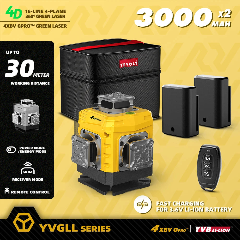 YEVOLT 16-Line Laser Level YVGLL4XS16G-515nm Green Beam 30m Visible Energy Saver 360° Coverage 4s Fast Self-Leveling
