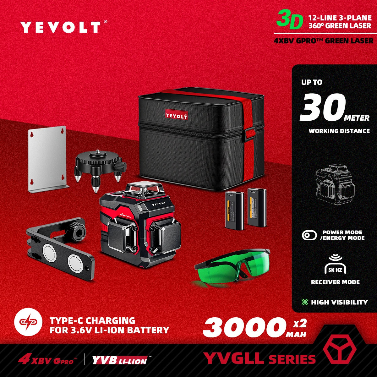 Nivel láser verde YEVOLT serie YVGLL4XS, 3/4 planos, 12/16 líneas, autonivelante, 360°, 3D/4D, horizontal y vertical, 3,6 V, 3 Ah