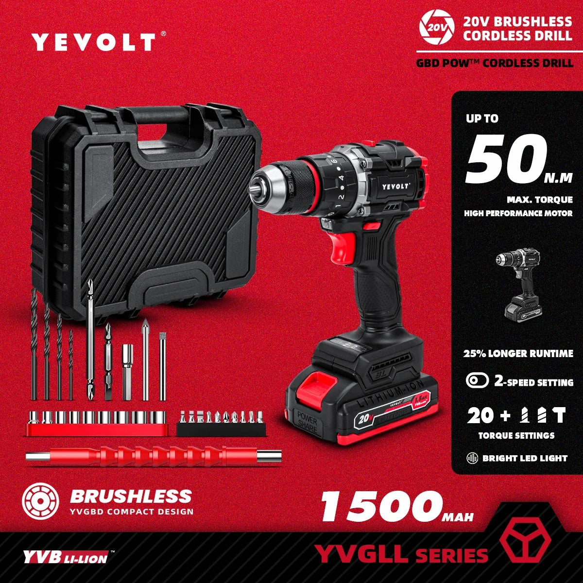 Taladro atornillador inalámbrico YEVOLT YVGBD20DU2 de 20 V con mayor autonomía, sin escobillas, 50 Nm máx., ajuste de par 21+1, mandril autoajustable