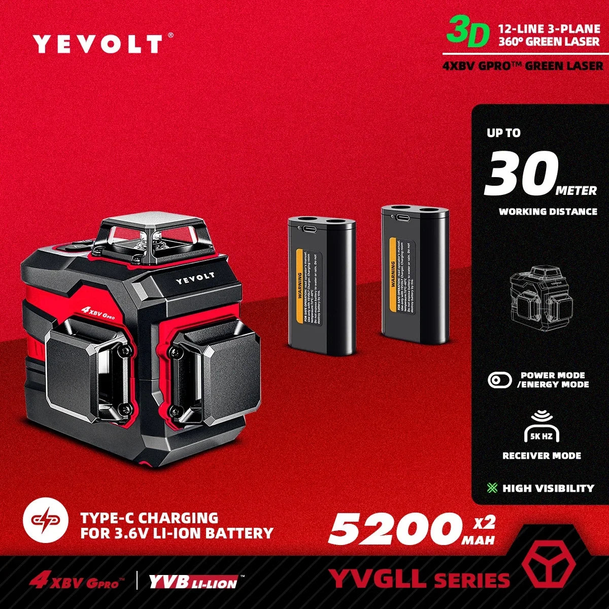 YEVOLT YVGLL4XS12 Nivel láser de líneas cruzadas de 12 líneas, inteligente, autonivelante, compacto, de doble potencia, alta precisión, alcance de trabajo de 30 m