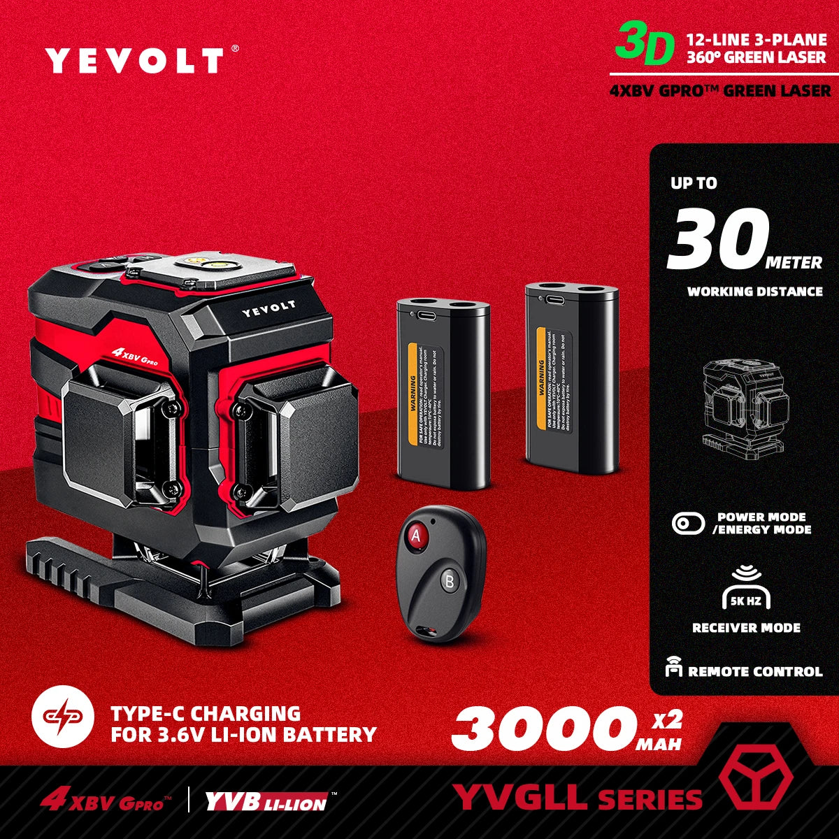 Nivel láser verde YEVOLT serie YVGLL4XS, 3/4 planos, 12/16 líneas, autonivelante, 360°, 3D/4D, horizontal y vertical, 3,6 V, 3 Ah