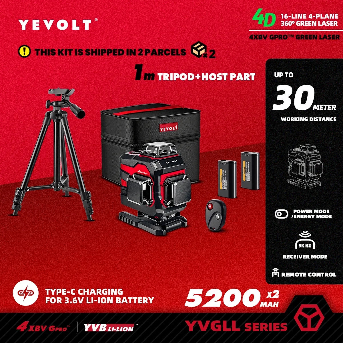 YEVOLT 16-Line Industrial Laser Level YVGLL4XS16 Dual Mode Shockproof Rubber Housing Outdoor Daylight Use Portable for Travel