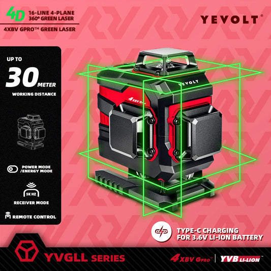YEVOLT YVGLL4XS16 Nivel láser de 16 líneas TriPlane, plomada y nivel, agrupación inteligente de líneas, diseño de pisos, alta precisión, cobertura de 30 m