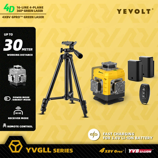 Nivel láser YEVOLT YVGLL4XS16G de 16 líneas con flash estroboscópico para seguimiento láser, ventana giratoria de 360°, base metálica y botones táctiles.