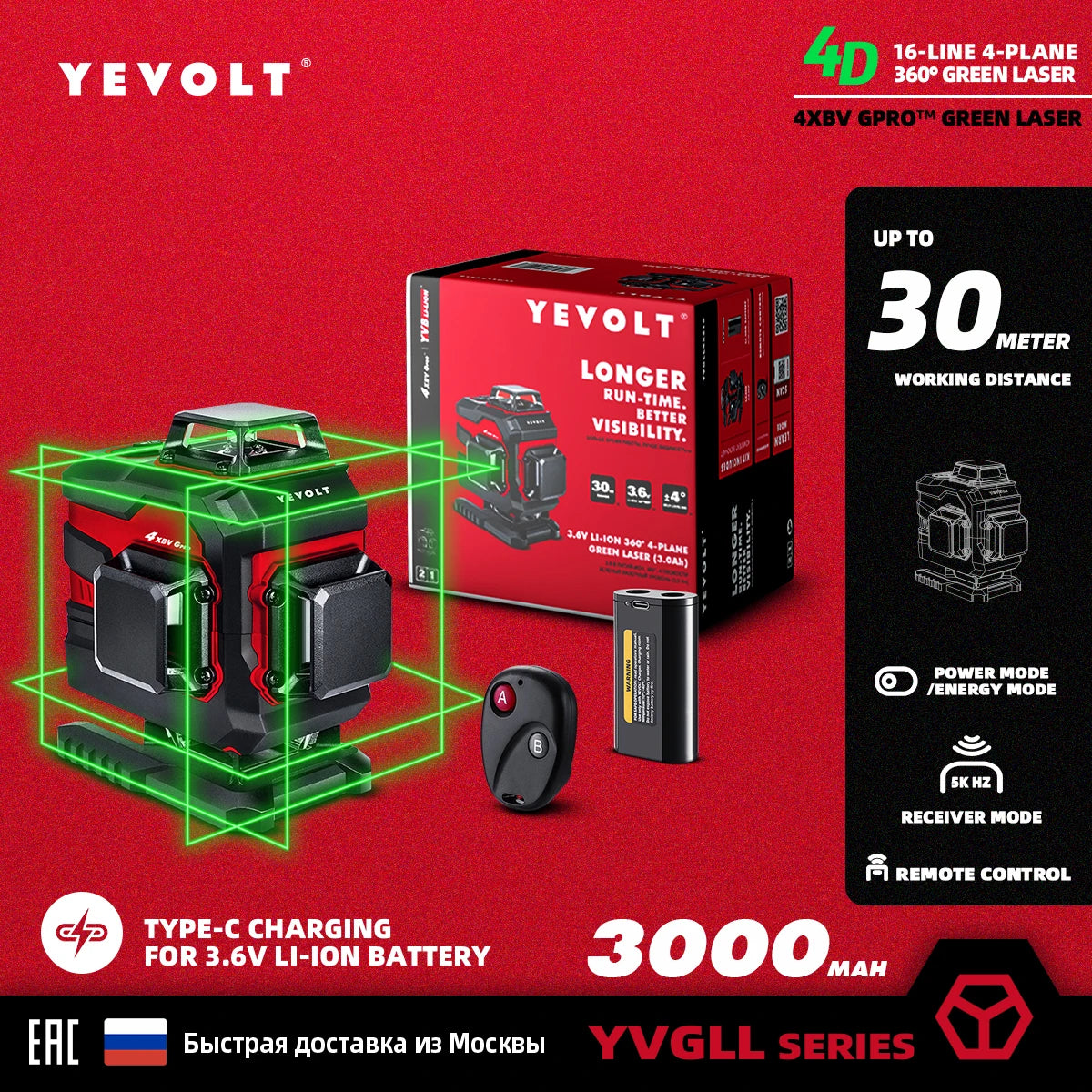 YEVOLT Laser Level 3/4-Plane Green 12/16-Line YVGLL4XS-Series Self-leveling 360 3D/4D Measuring Tool-1.5M Aluminium Tripod