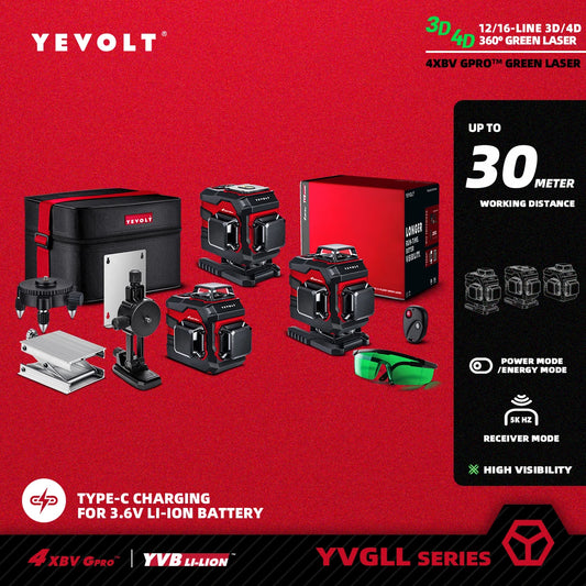 Nível a laser YEVOLT 3/4-Plano Verde 12/16-Linhas Autonivelante 360 3D/4D Série YVGLL4XS Ferramenta de medição de potência horizontal e vertical