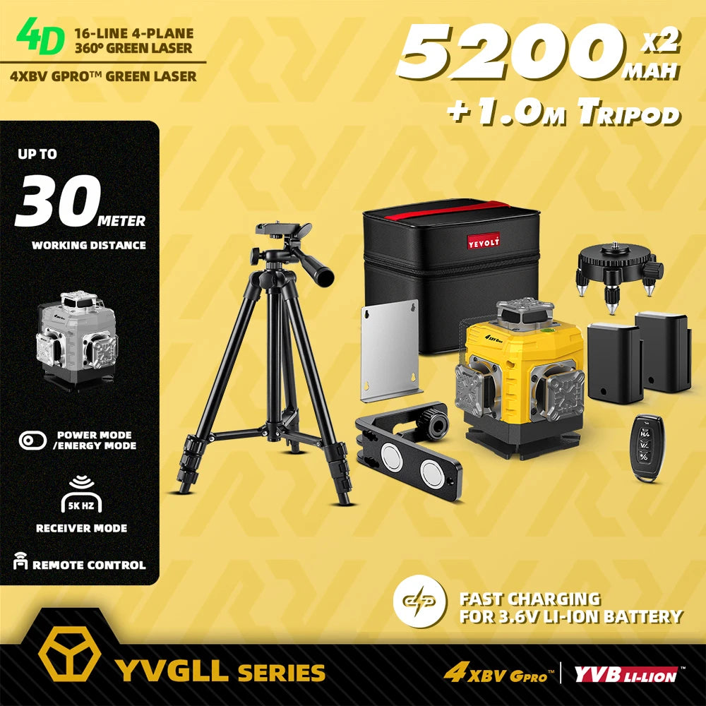 YEVOLT 16-Line Laser Level YVGLL4XS16G-515nm Green Beam 30m Visible Energy Saver 360° Coverage 4s Fast Self-Leveling