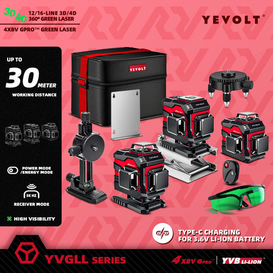 Nível a laser YEVOLT 12/16 linhas 360° horizontal/vertical autonivelante 3D/4D ±0,2 mm/m alta precisão - base giratória 360°