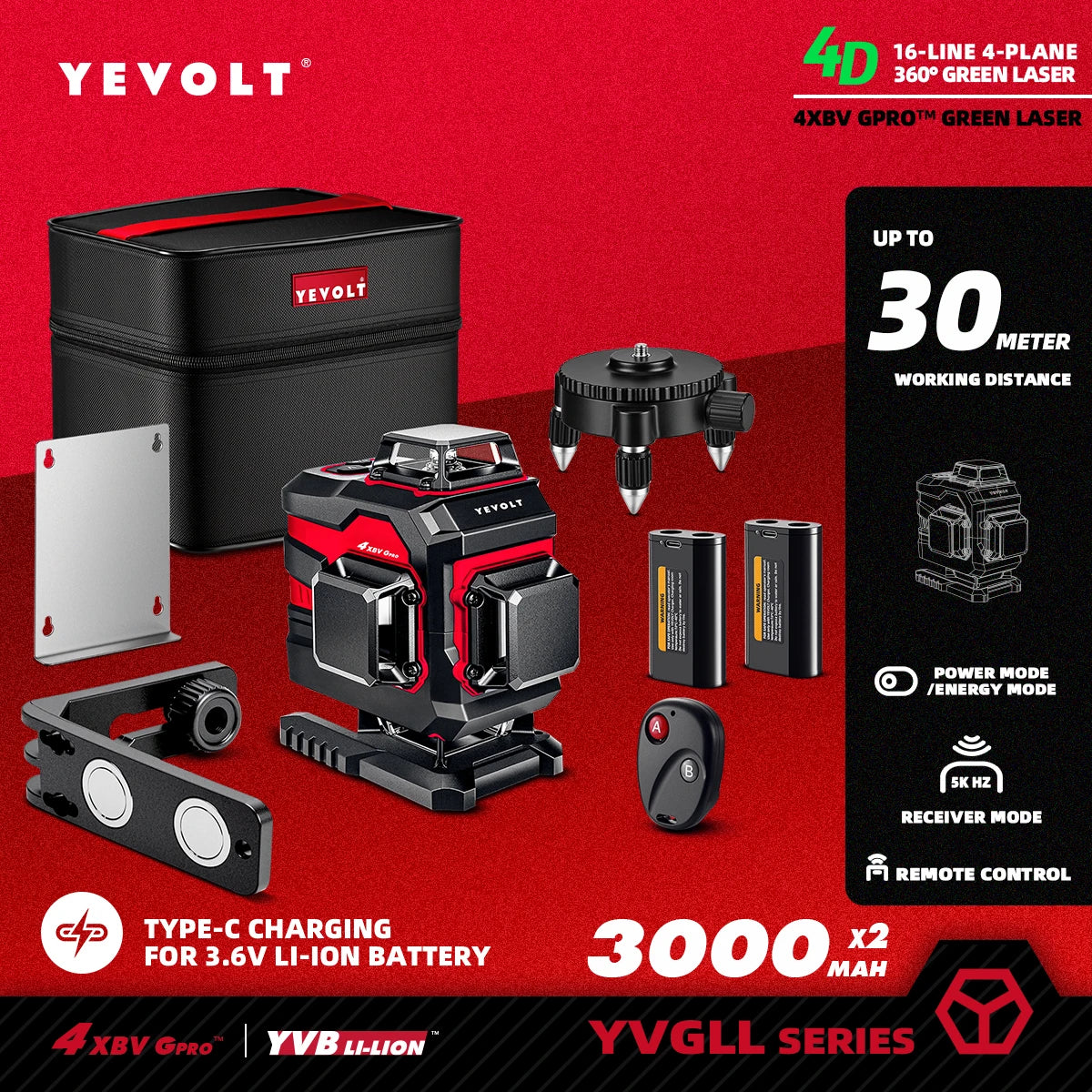 YEVOLT Laser Level Green Beam 16 Lines Horizontal and Vertical Self-leveling 360° Accurate Measuring Tools -YVGLL4XS16 Series