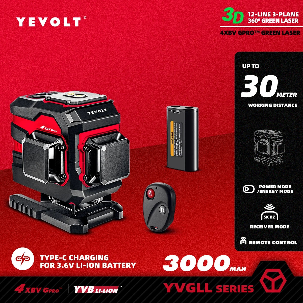 YEVOLT Ground-Mode 12-Line Laser Level YVGLL4XS12T 360° Vertical Coverage ±0.2mm/m Outdoor Daylight Use Single-Person Operation