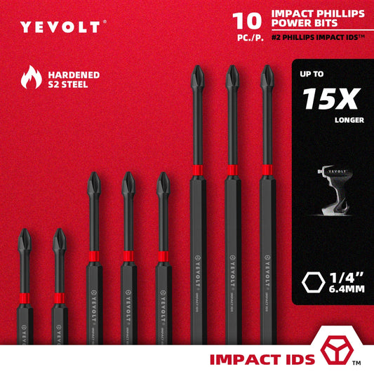 Conjunto de brocas de impacto série YEVOLT YVIDSPH2, 10 peças, 50/65/75/90/100/150 mm, 1/4" Ph2, brocas magnéticas cruzadas, caixa de armazenamento de aço S2