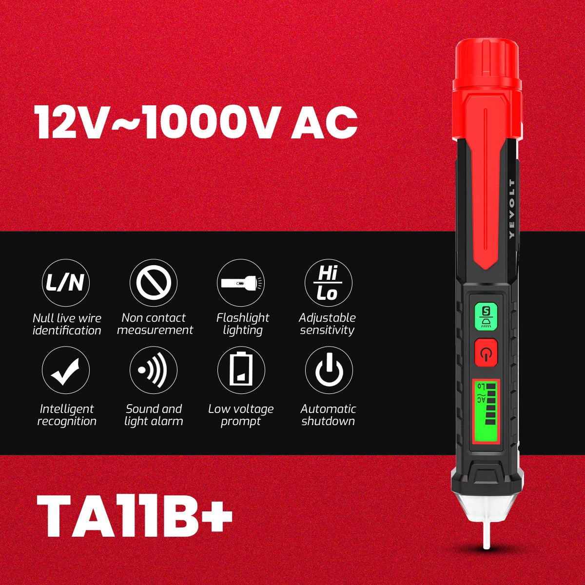 YEVOLT TA13A/TA11B+ Non-Contact NCV Voltage Tester Pen 12V~1000V AC Flashlight LCD Display Buzzer Alarm Live/Null Wire Tester