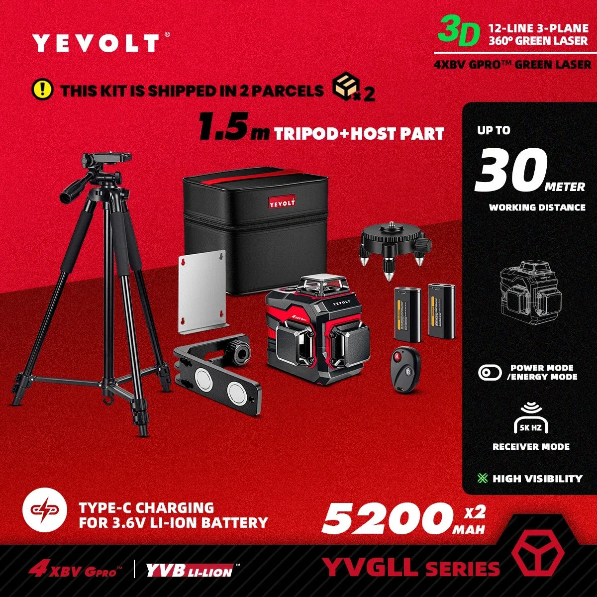 YEVOLT YVGLL4XS12 Nivel láser inteligente de 12 líneas cruzadas, autonivelante, compacto, de doble potencia, alta precisión, alcance de trabajo de 30 m