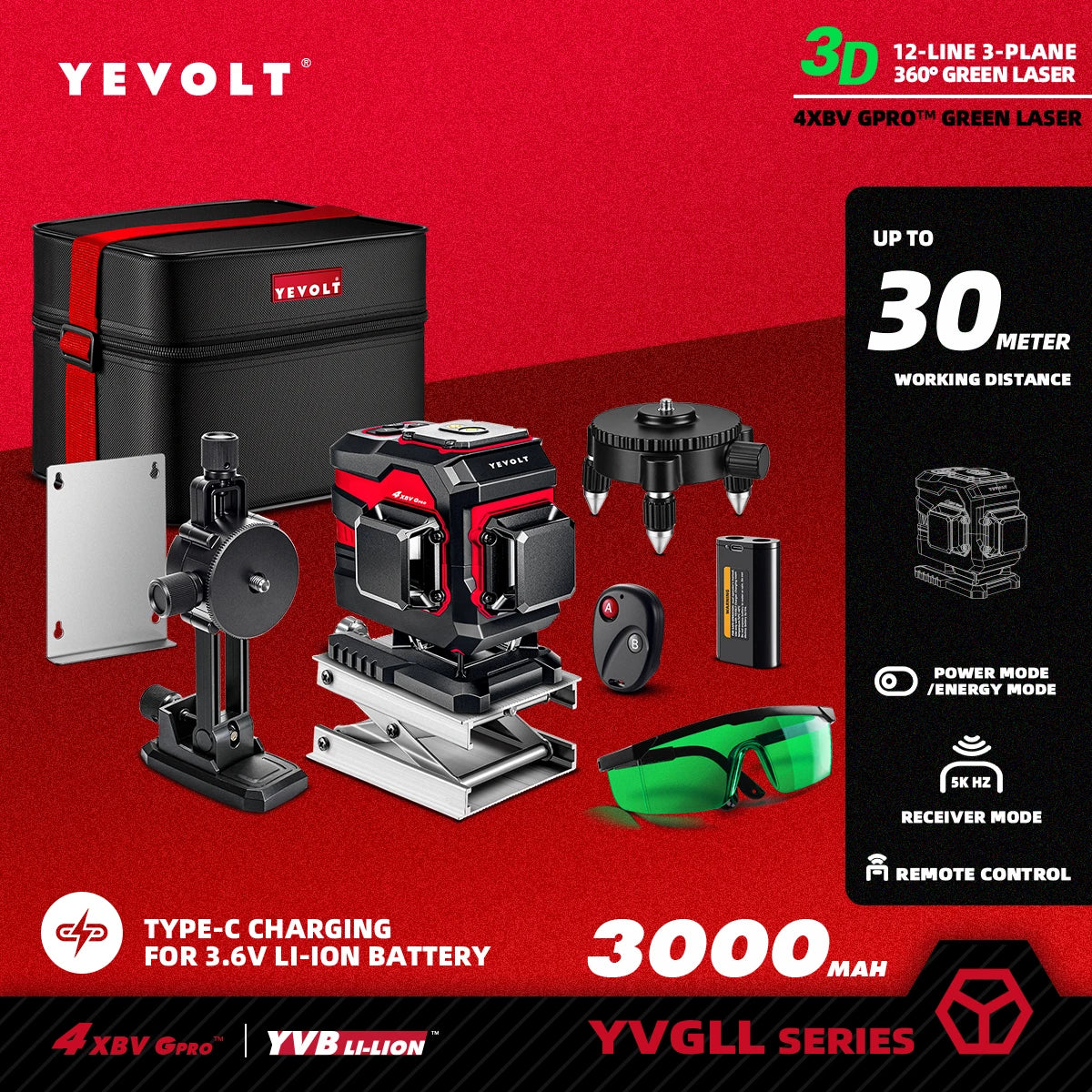 Nivel láser verde YEVOLT serie YVGLL4XS, 3/4 planos, 12/16 líneas, autonivelante, 360°, 3D/4D, horizontal y vertical, 3,6 V, 3 Ah