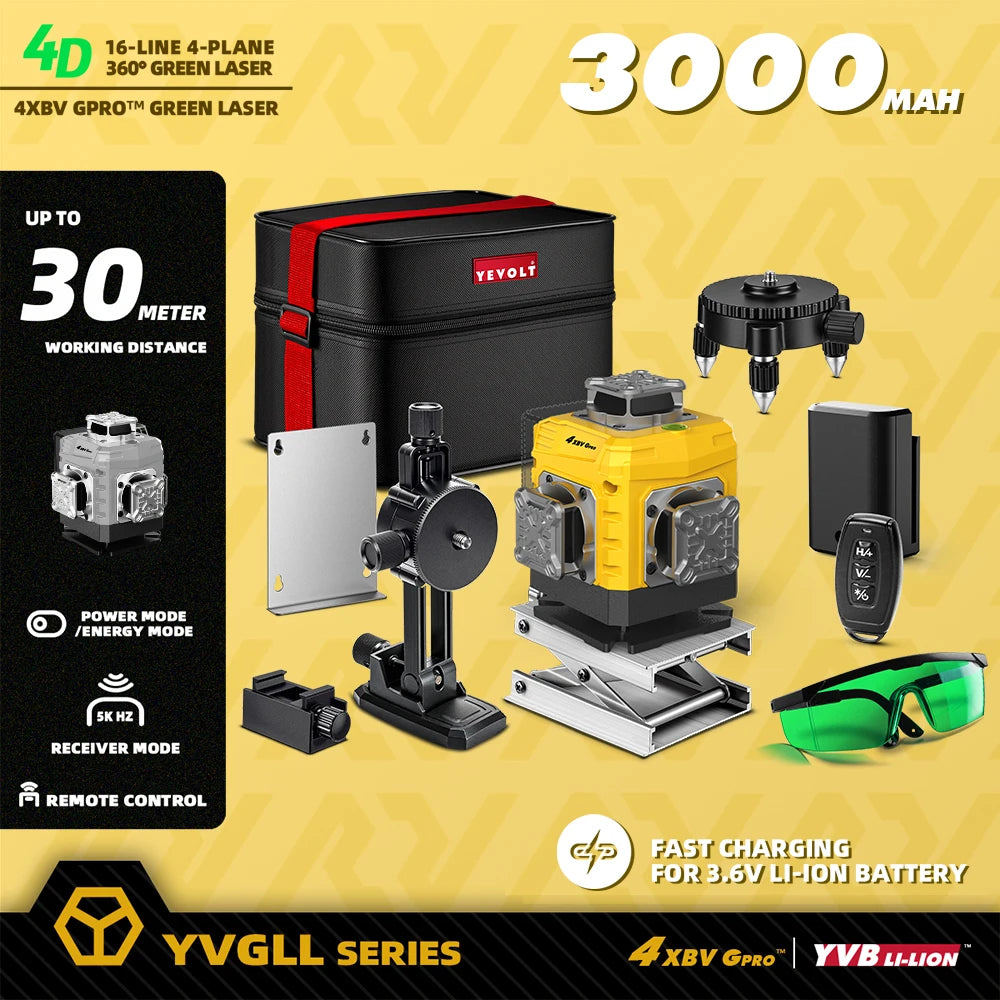 YEVOLT 16-Line Laser Level YVGLL4XS16G-515nm Green Beam 30m Visible Energy Saver 360° Coverage 4s Fast Self-Leveling