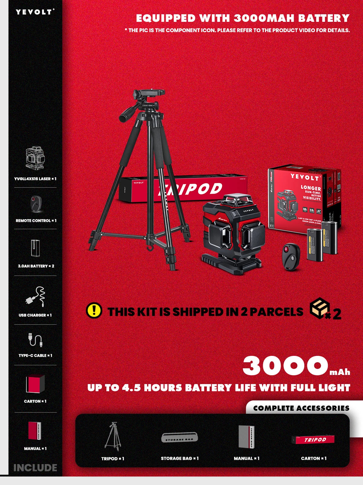 Nível a laser verde YEVOLT YVGLL4XS16DP de 4 planos 4D com 16 linhas e nivelamento automático para uso durante todo o dia, ferramentas de medição horizontais e verticais
