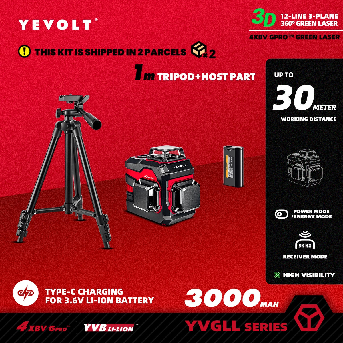 Laser Level YVGLL4XS12 12-Line Green Beam with Pulse Mode Long Range Auto-Leveling Lock Slope Switch for DIY Home Improvement