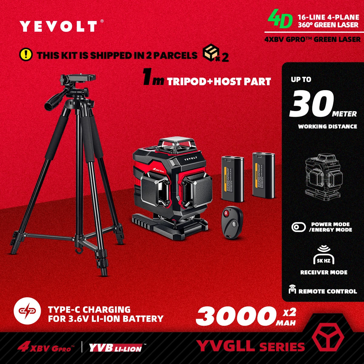 Nivel láser verde YEVOLT serie YVGLL4XS, 3/4 planos, 12/16 líneas, autonivelante, 360°, 3D/4D, horizontal y vertical, 3,6 V, 3 Ah